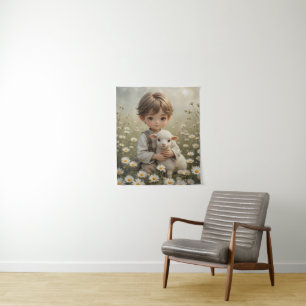 Sweet Vintages Kinderportrait mit Little Lamb Wandteppich