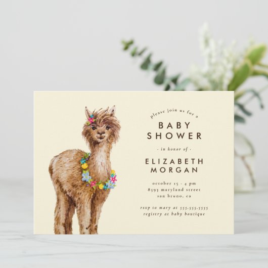 Sweet Watercolor Alpaca Babydusche Einladung (Stehend Vorderseite)