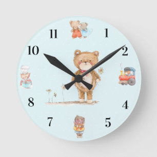 Sweet Watercolor Bear Floral Blue Baby Kinderzimme Runde Wanduhr