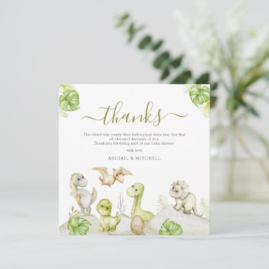 Sweet Watercolor Dinosaur Babydusche Dankeskarte (Stehend Vorderseite)