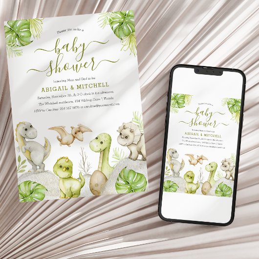 Sweet Watercolor Dinosaur Babydusche Einladung