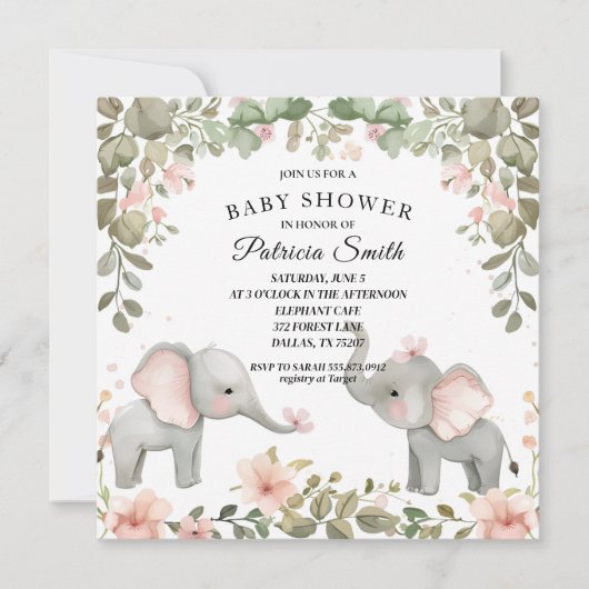 Sweet Watercolor Floral Elephant Baby Dusche Einladung (Vorderseite)