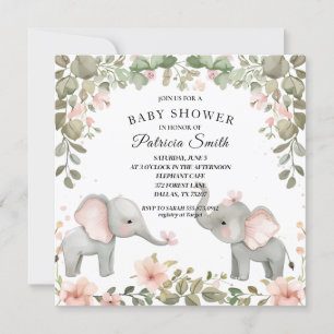 Sweet Watercolor Floral Elephant Baby Dusche Einladung