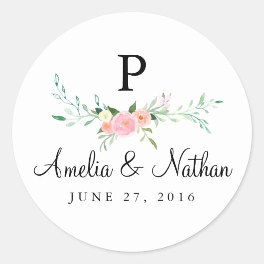 Sweet Watercolor Floral Pink Hochzeitsticker Runder Aufkleber (Vorderseite)