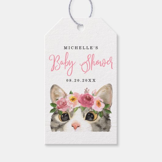 Sweet Watercolor Kitty Girl Babydusche Geschenkanhänger (Vorderseite)