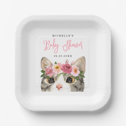 Sweet Watercolor Kitty Girl Babydusche Pappteller (Vorderseite)