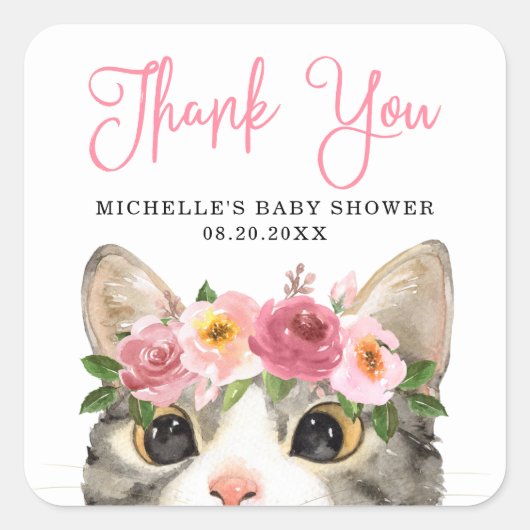 Sweet Watercolor Kitty Girl Babydusche Quadratischer Aufkleber (Vorderseite)