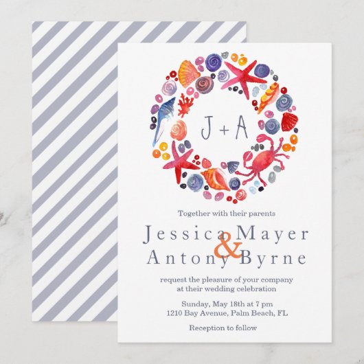 Sweet Watercolor Nautical Wreath Beach Hochzeit Einladung (Vorne/Hinten)