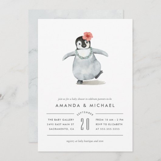 Sweet Watercolor Pinguin Babydusche Einladung (Vorne/Hinten)