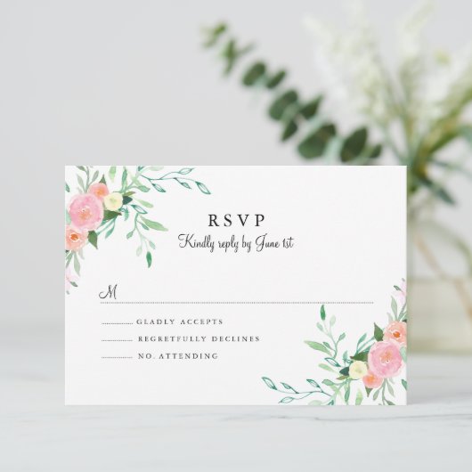 Sweet Watercolor Pink Peach Wedding RSVP (Stehend Vorderseite)