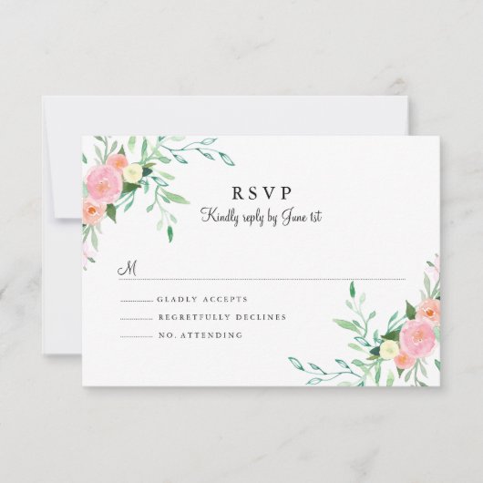 Sweet Watercolor Pink Peach Wedding RSVP Karte (Vorderseite)