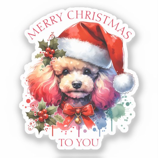 Sweet Watercolor Poodle und Weihnachtsgrüße Aufkleber (Vorderseite)