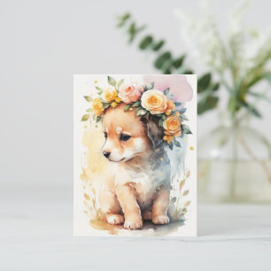 Sweet Watercolor Puppy mit Blume Postkarte
