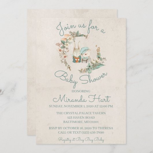 Sweet Watercolor Rustic Animals Baby Dusche Einladung (Vorne/Hinten)