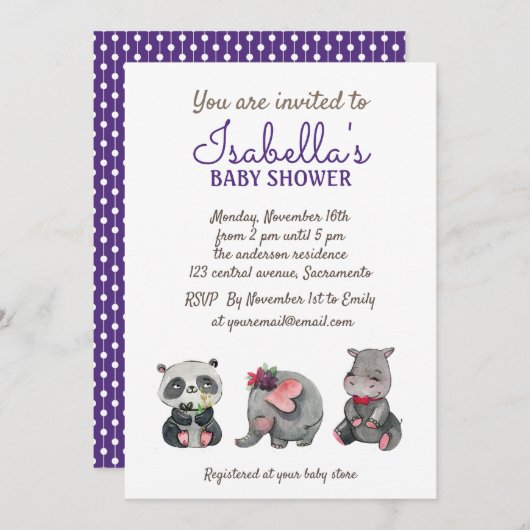 Sweet Watercolor Safari Animals Kinderdusche Einladung (Vorne/Hinten)