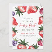 Sweet Watercolor Strawberries Berry Erster Geburts Einladung (Vorderseite)