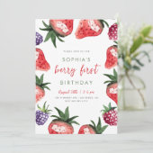 Sweet Watercolor Strawberries Berry Erster Geburts Einladung (Stehend Vorderseite)