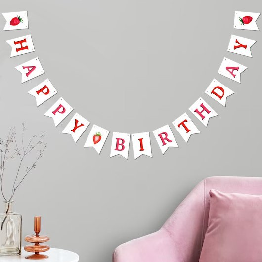 Sweet Watercolor Strawberries Happy Birthday Wimpelkette