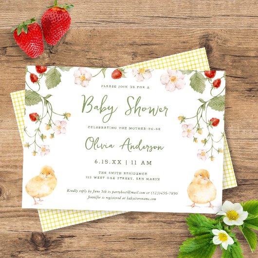Sweet Watercolor Strawberry Chicks Baby Shower Einladung