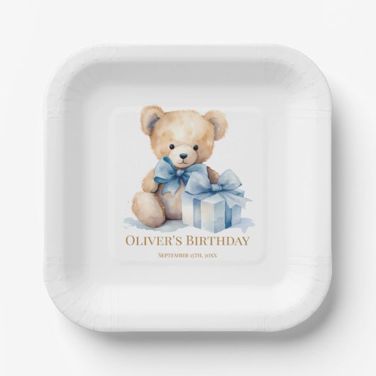Sweet Watercolor Teddy Bear First Birthday Pappteller (Vorderseite)