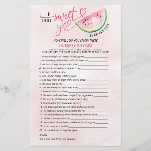 Sweet Watermelon Double Sided Baby Showspiele (Vorderseite)