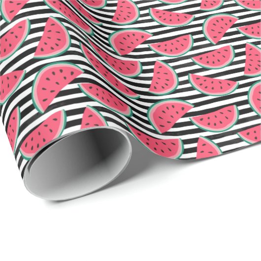 Sweet Watermelon on Stripes Black & White Muster Geschenkpapier (Rolleneckpunkt)
