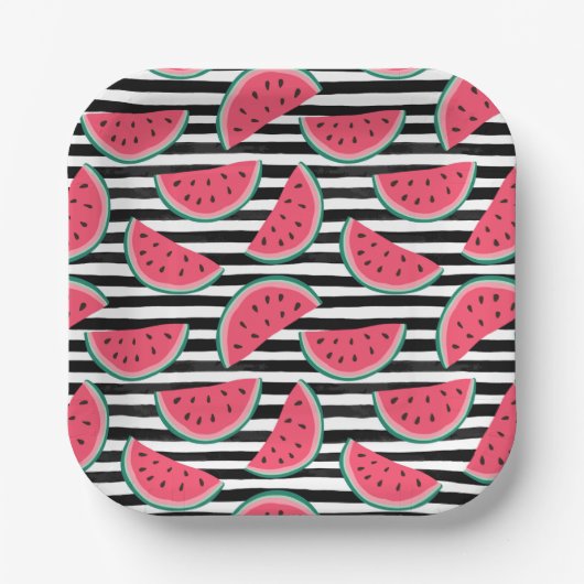Sweet Watermelon on Stripes Black & White Muster Pappteller (Vorderseite)