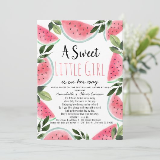 Sweet Watermelon Watercolor Babydusche von Mail Einladung (Stehend Vorderseite)