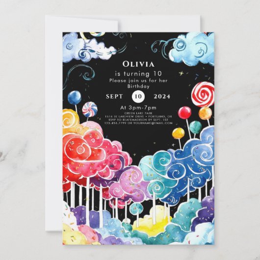 Sweet Whimsical Candyland Birthday Einladung (Vorderseite)