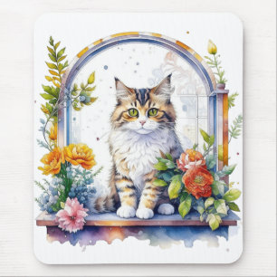 Sweet Whimsical Cat in Window of Blume Mousepad