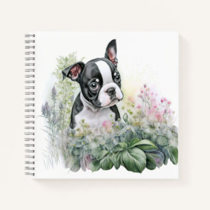 Sweet Whimsical Floral Boston Terrier Puppy Notizblock