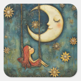 Sweet Whimsical Girl on a Swing and Celestial Moon Quadratischer Aufkleber