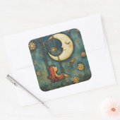 Sweet Whimsical Girl on a Swing and Celestial Moon Quadratischer Aufkleber (Umschlag)