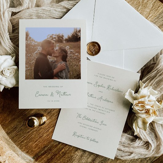 Sweet Whimsical Ivory and Sage Green Foto Hochzeit Einladung