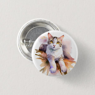 Sweet White Cat Watercolor Illustration Button