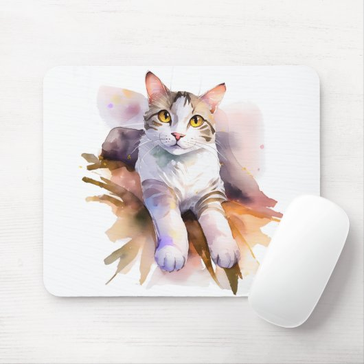Sweet White Cat Watercolor Illustration Mousepad (Mit Mouse)