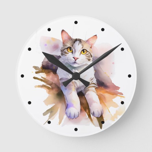 Sweet White Cat Watercolor Illustration Runde Wanduhr (Vorderseite)