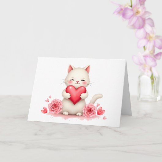 Sweet White Kitten with Red Heart Valentine Blank Karte (Orchidee)