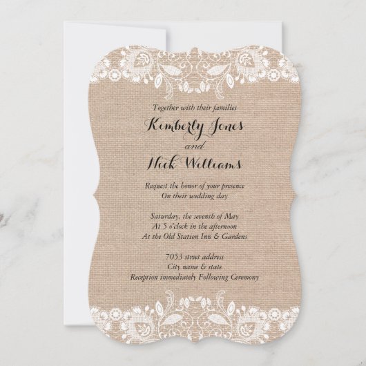 Sweet White Lace Burlap Wedding Einladung (Vorderseite)