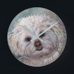 SWEET WHITE MALTESE YORKIE MIX RUNDE WANDUHR<br><div class="desc">A Little Sweetie Mix with such an inquisitive look. Painted in multi-pastel colors with bright brown eyes,  a cute little brown nose and white teeth poking thru fur. - originally watercolor painted by the designer www.fancifulwatercolors.ca – contact me if you want your dog painted</div>