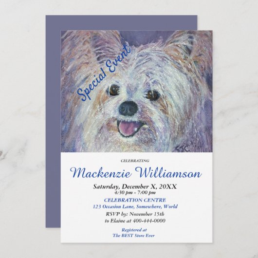 SWEET WHITE YORKIE PUPPY WISHES GLÜCKLICH GEBURTST EINLADUNG (Vorne/Hinten)