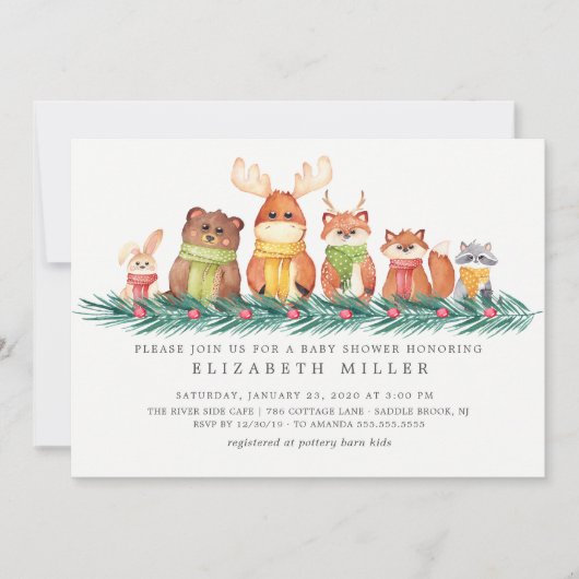 Sweet Winter Woodland Animals Kinderdusche Einladung (Vorderseite)