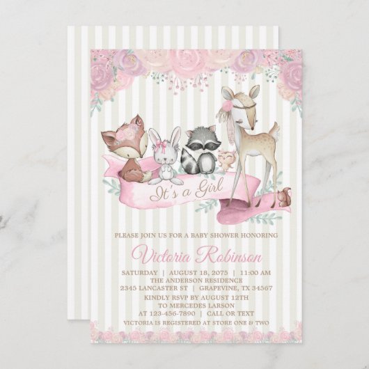 Sweet Woodland Animal Girl Baby Dusche Einladung (Vorne/Hinten)