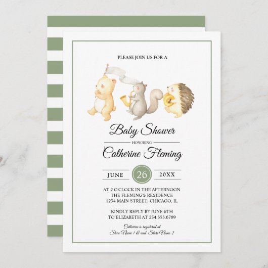 Sweet Woodland Animals Light Green Baby Dusche Einladung (Vorne/Hinten)