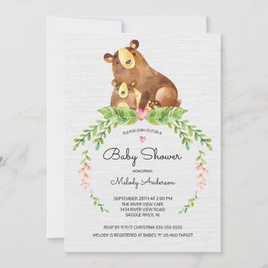 Sweet Woodland Bear Baby Dusche Einladung (Vorderseite)