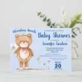 Sweet Woodland Bear Blue Boy Baby Dusche Einladung (Stehend Vorderseite)