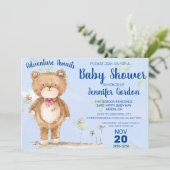 Sweet Woodland Bear Blue Boy Baby Dusche Einladung (Stehend Vorderseite)