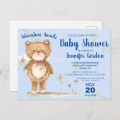 Sweet Woodland Bear Blue Boy Baby Dusche Einladungspostkarte (Vorne/Hinten)