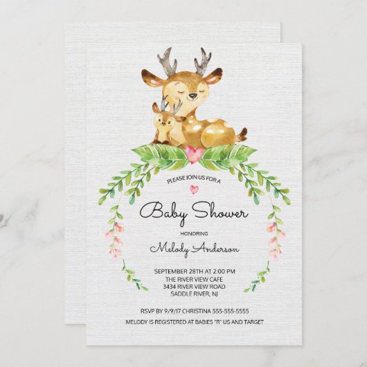 Sweet Woodland Deer Baby Shower Einladung (Vorne/Hinten)