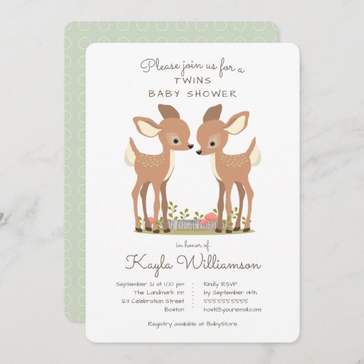 Sweet Woodland Deer Twin Baby Shower Einladung (Vorne/Hinten)